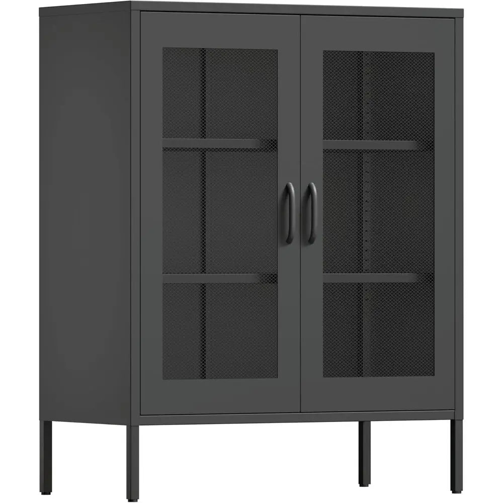 Black Metal Storage Cabinet With Mesh Door And Shelves