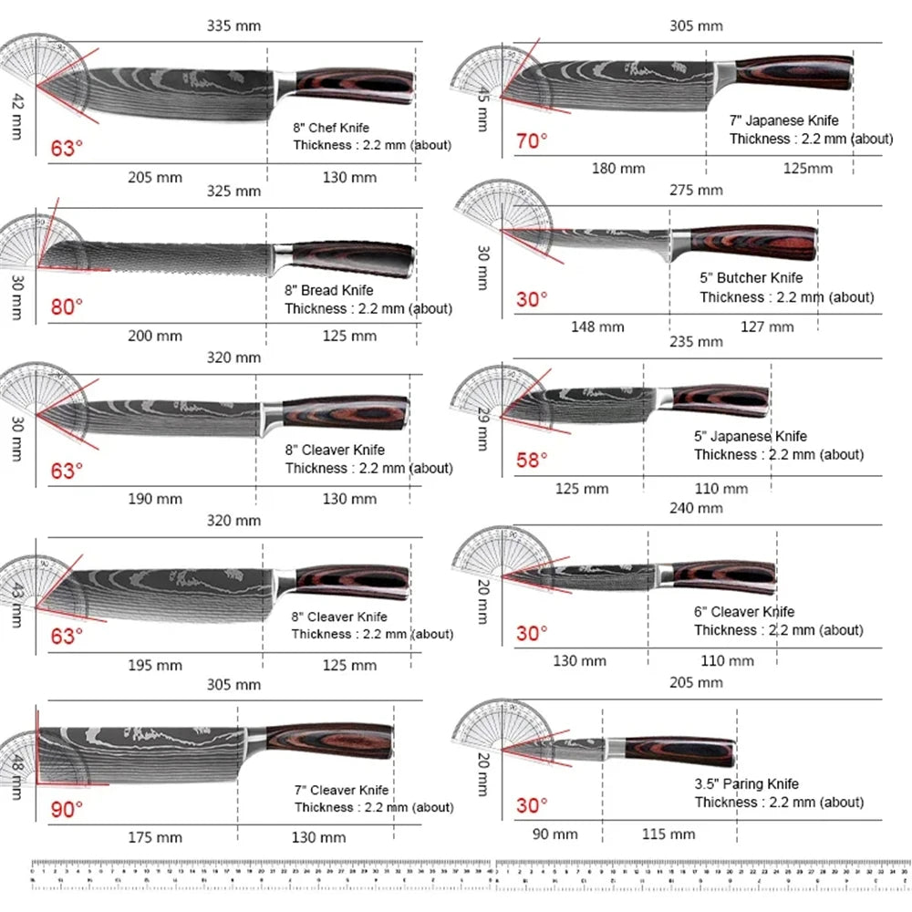 KEPEAK Kitchen Knife Set 7Cr17Mov Stainless Steel Chef Santoku Cleaver