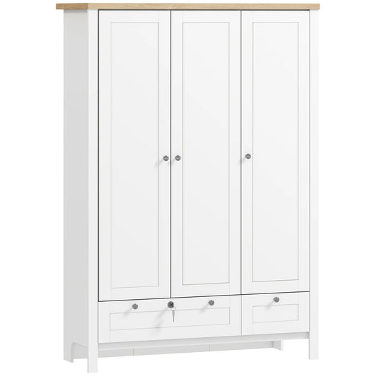Homcom 3-Door Wardrobe Closet with 2 Drawers, 69" Clothing Storage Cabinet with Lockable Large Drawer, Hanging Rod and Storage Shelves for Bedroom, Wardrobe Cabinet, White