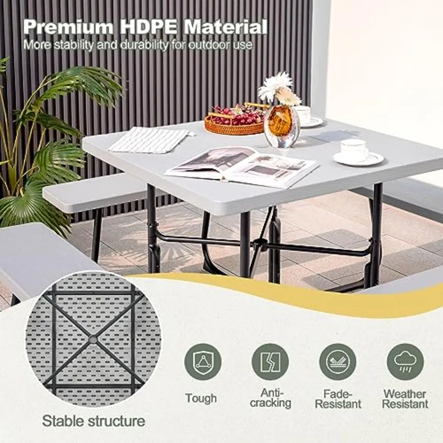 8 Person Picnic Table, Outdoor Picnic Table with 4 Built-in Benches, Umbrella Hole, Metal Frame and HDPE Tabletop, Outside Tabl