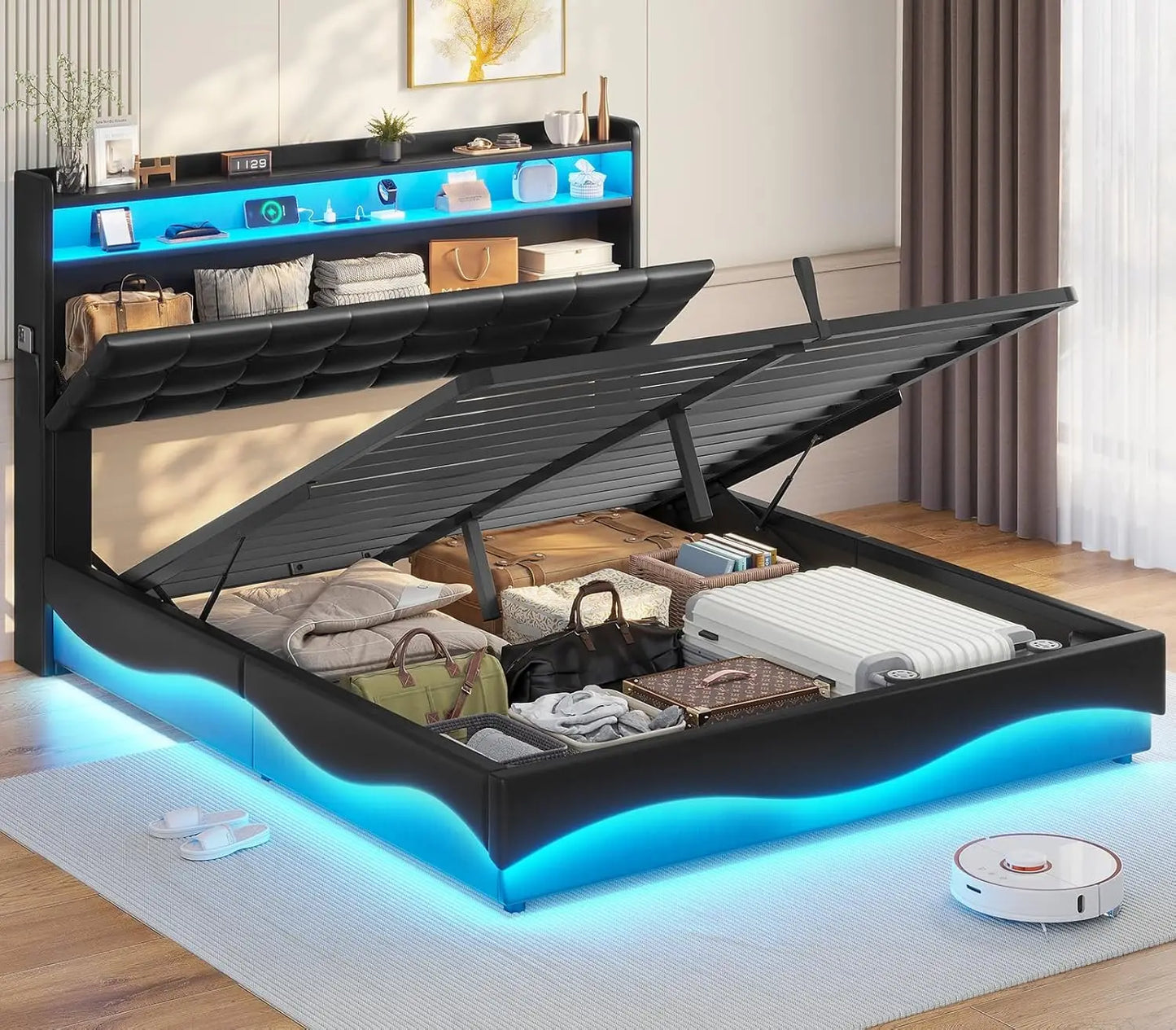 Lift Up Storage Queen Bed Frame with Type-C Charging Station& Hidden Storage Headboard,