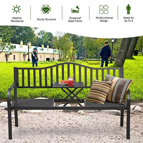 Black Steel Outdoor Garden Bench With Foldable Center Table And Striped Cushions For Patio Lawn Porch