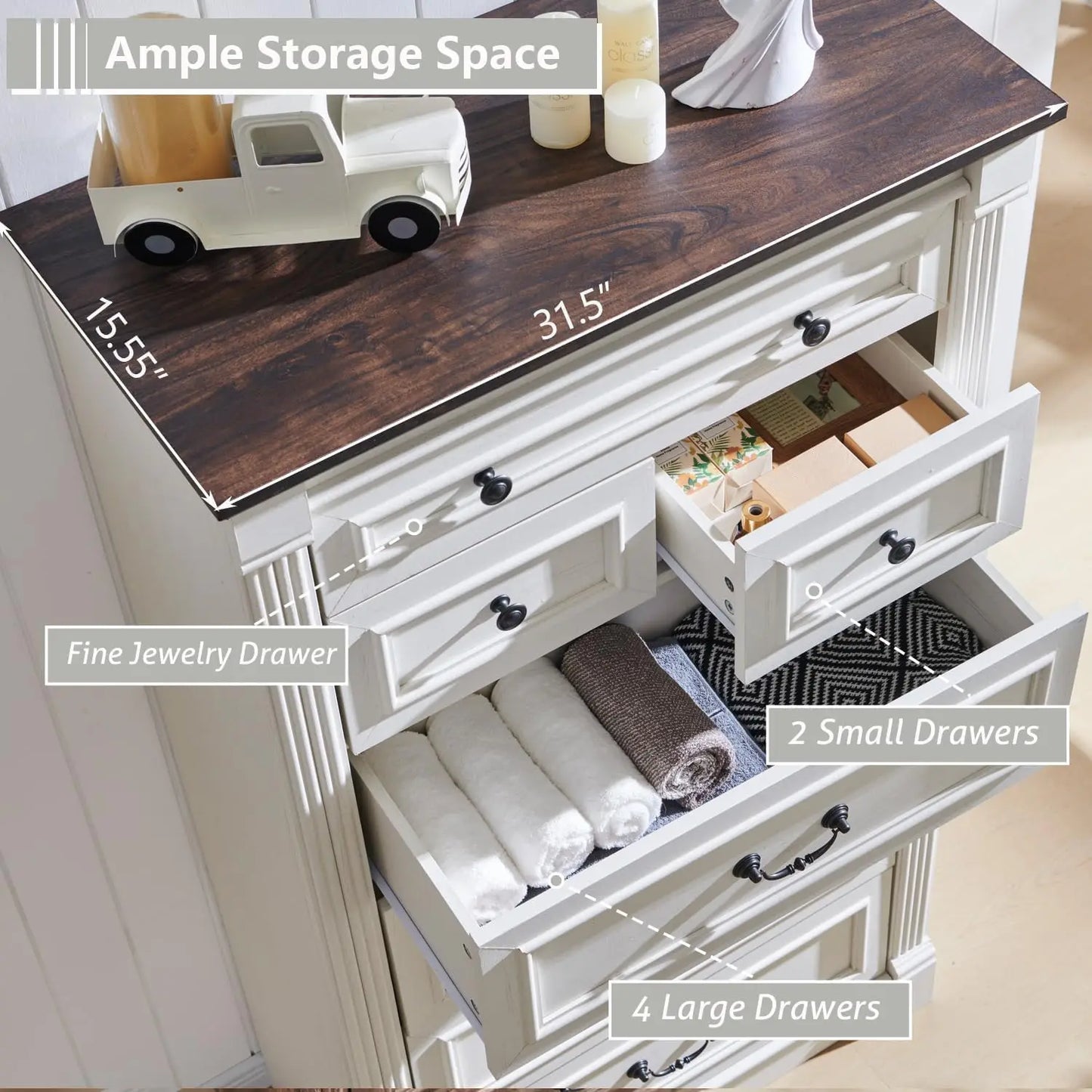 Farmhouse 7 Drawers Dresser for Bedroom, 57" Tall Dressers & Chests of Drawers w/Roman Column, Large Storage Dressers