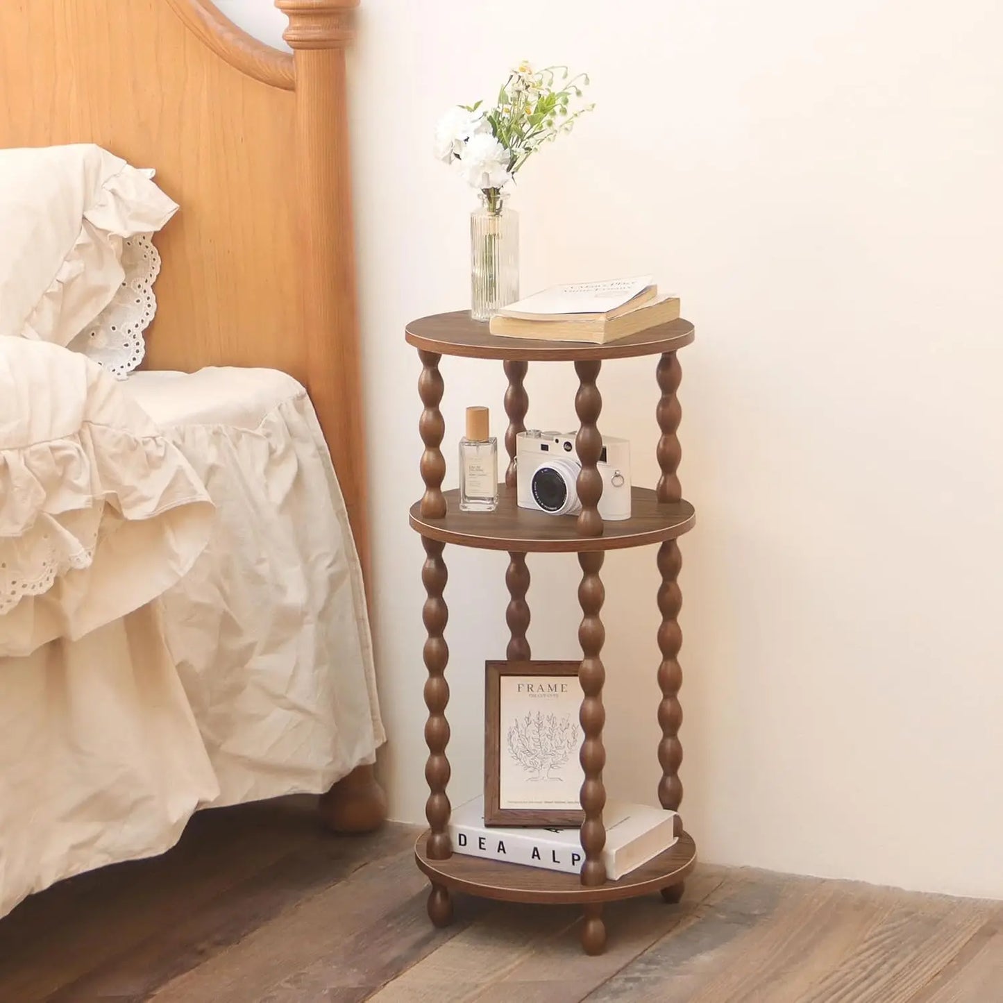 Round End Table With 3 Tier Shelf Wood Accent Nightstand