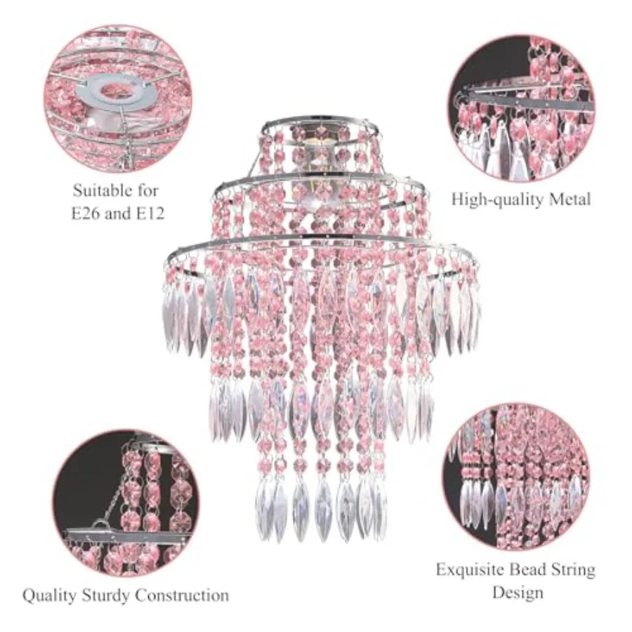 s Acrylic Chandeliers lamp Shade, Pink Acrylic Beaded Chandelier, Pendant Ceiling Light Shade for Wedding Bedroom Hallway Bathr