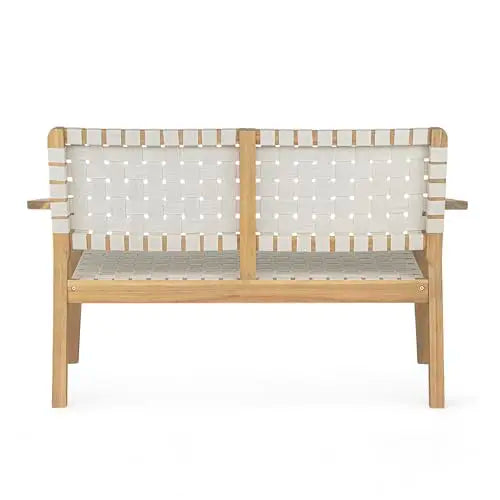 Outdoor Two-Person Bench Featuring Acacia Wood Frame And White Woven Rope Seating For Patio Garden Balcony Use