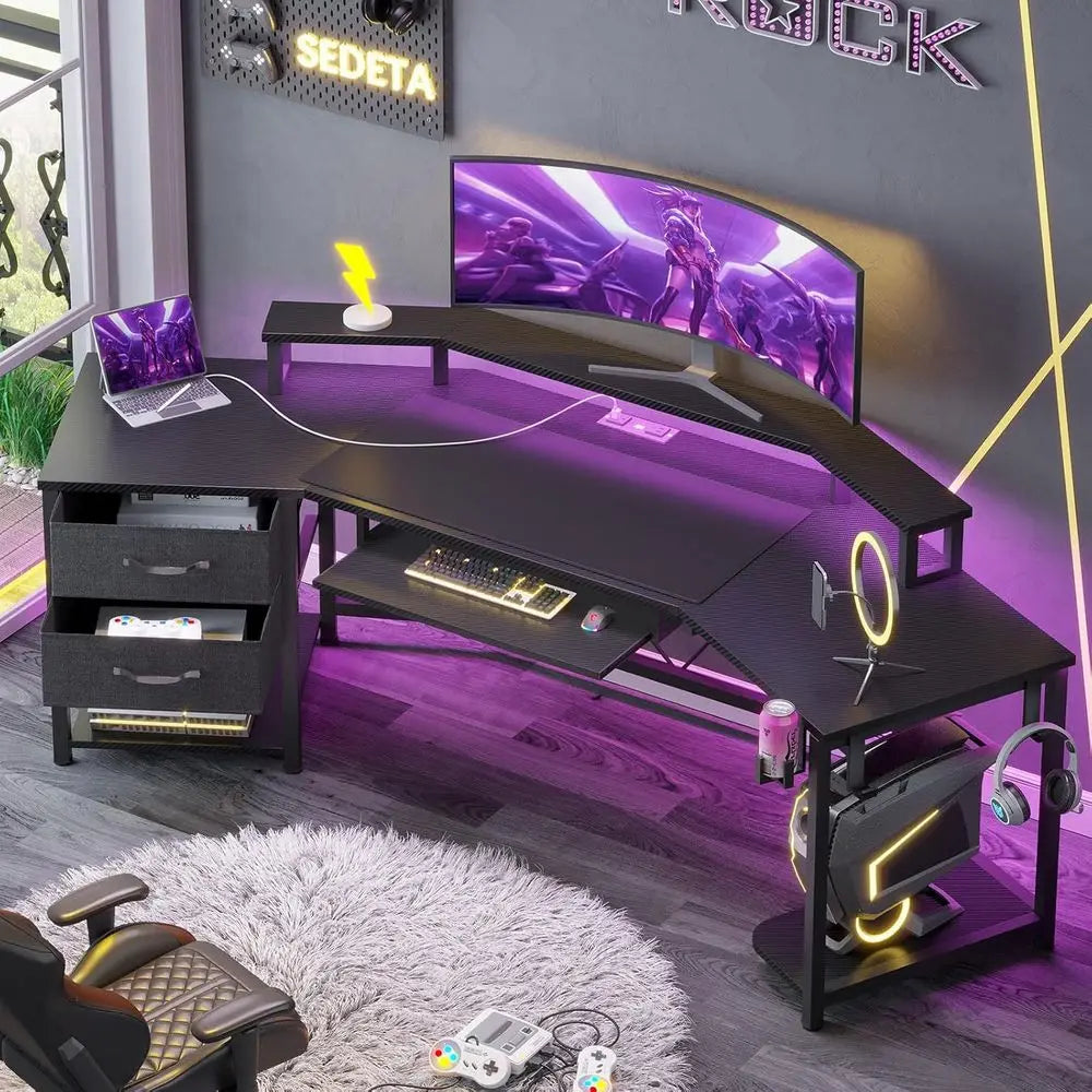 L Shaped Gaming Desk With Drawers Shelves And LED Lighting
