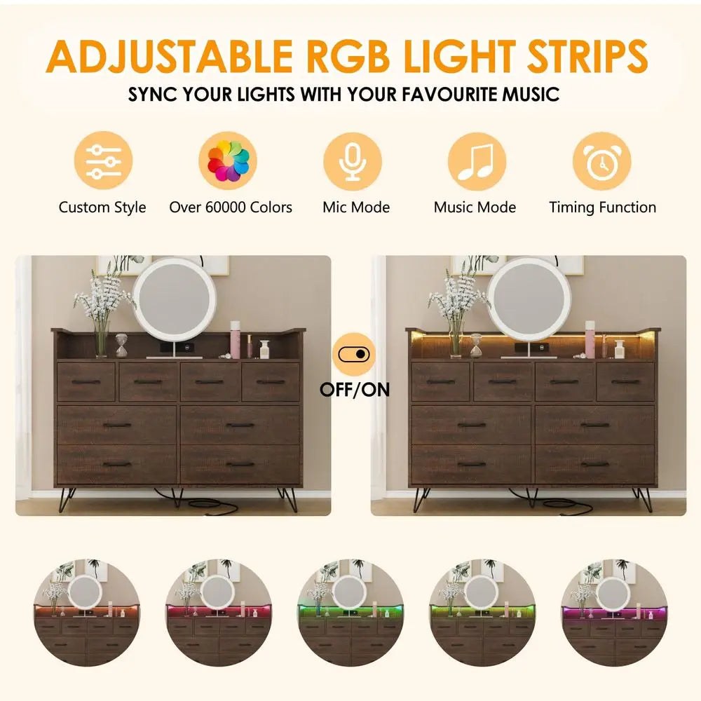 Dresser with Power Outlet and LED Lights, 8 Drawer Dresser for Bedroom, Modern Chest of Drawers with Gold Handles and Open Stor