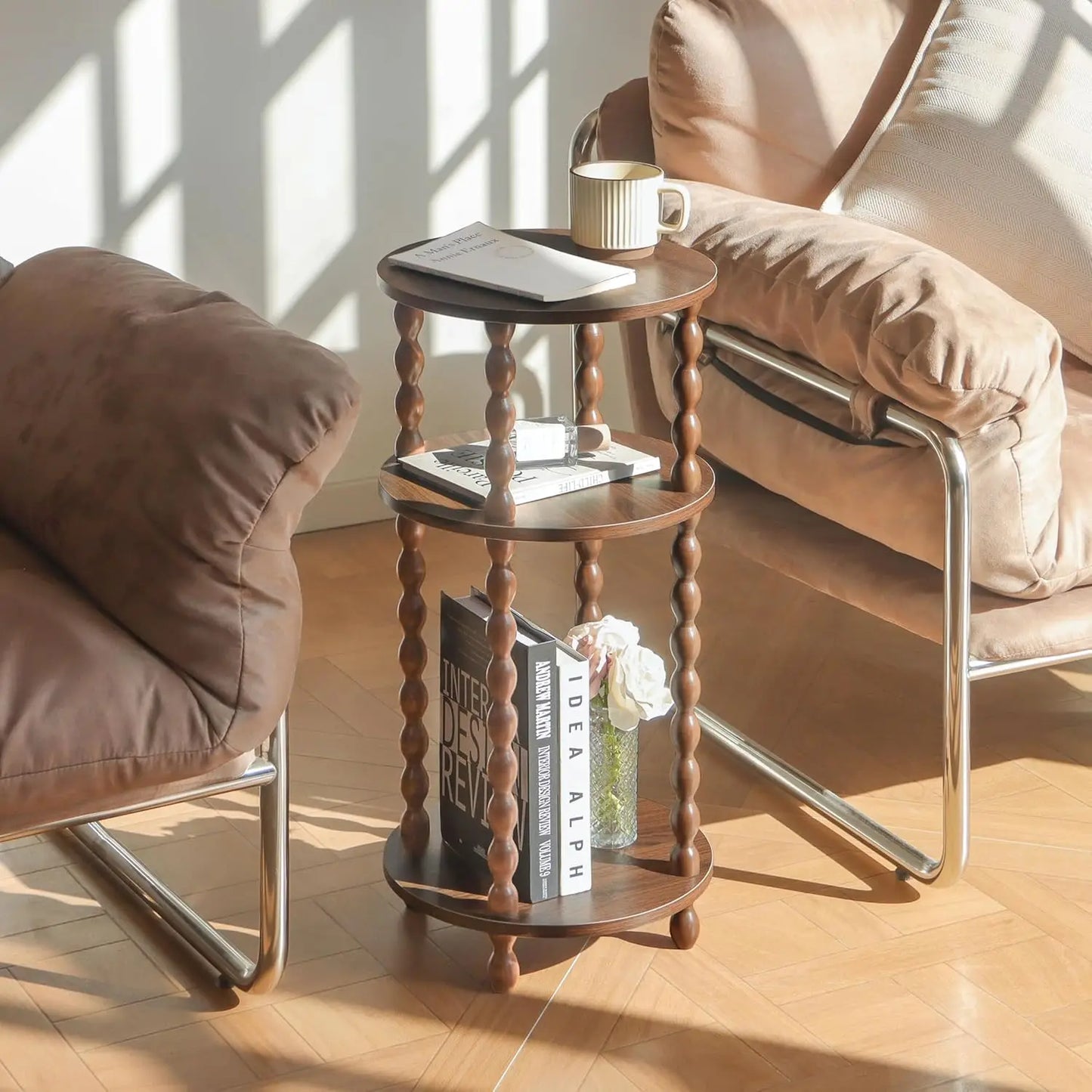 Round End Table With 3 Tier Shelf Wood Accent Nightstand